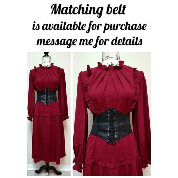 NWT Modest Elegant Long Sleeve Retro Vintage Victorian Ruffle Red Midi Dress L - Picture 12 of 16